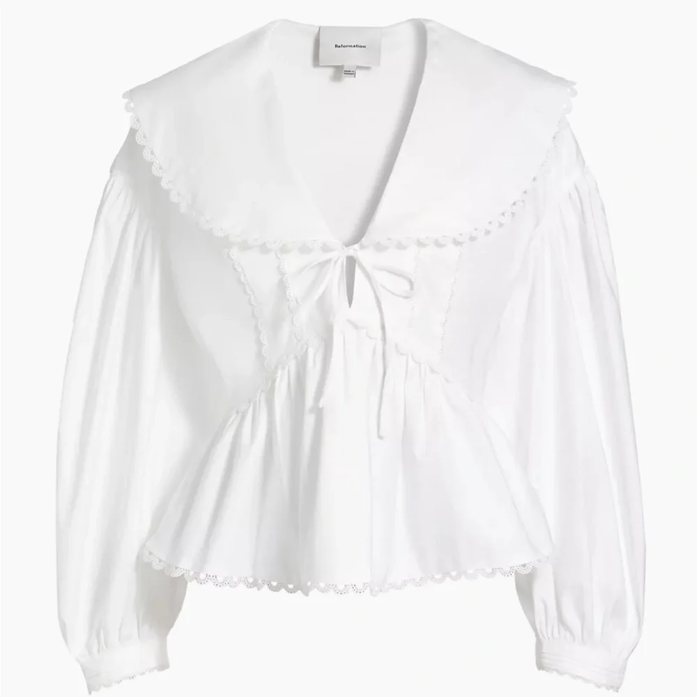 Reformation White Peplum Tie-Front Blouse with Scalloped Trim